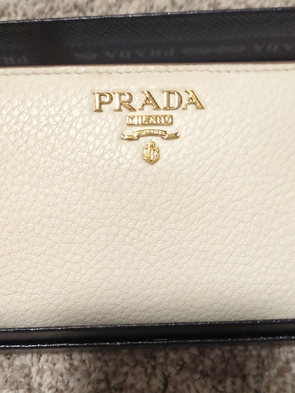 Prada Cream and Black Leather Wallet with Gold Logo